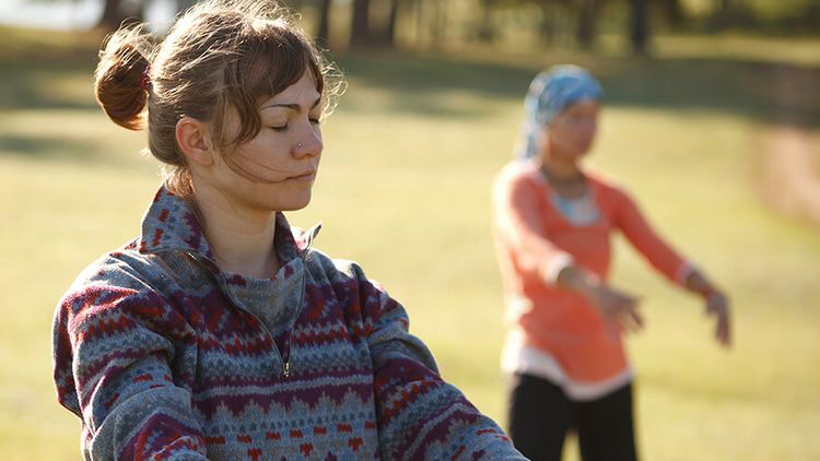 Zwei Frauen üben Qi Gong auf einer Wiese